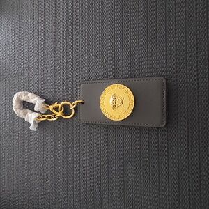 Versace Gray Leather Luggage Tag-Keychain with Gold Medusa.